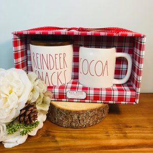 Rae Dunn Christmas Reindeer Snacks Cellar and Cocoa Mug Set